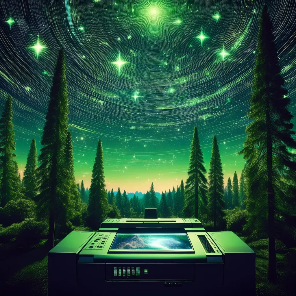 In una foresta di conifere c'è una stampante digitale. Il cielo è stellato e l'atmosfera è quella di un sogno.